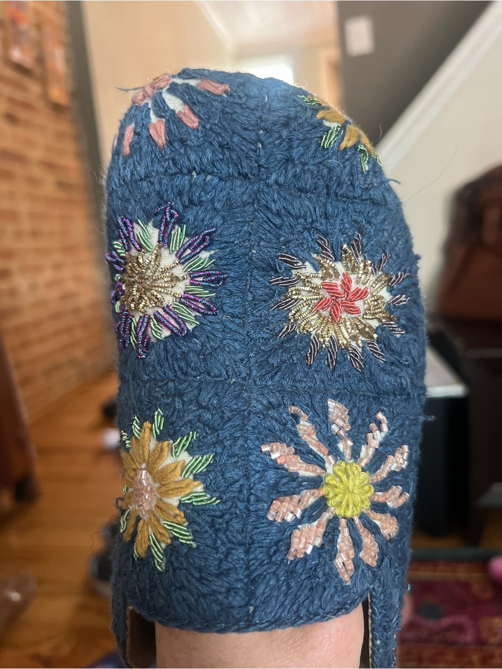 Free People Embroidered & Beaded Navy Floral Slip-On Mules - Size 38